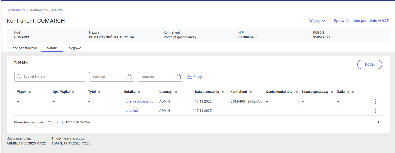 Zakładka [Notatki] na kartotece kontrahenta