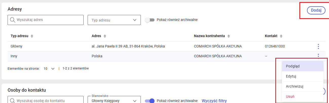 Operacje dostępne dla adresów na karcie kontrahenta