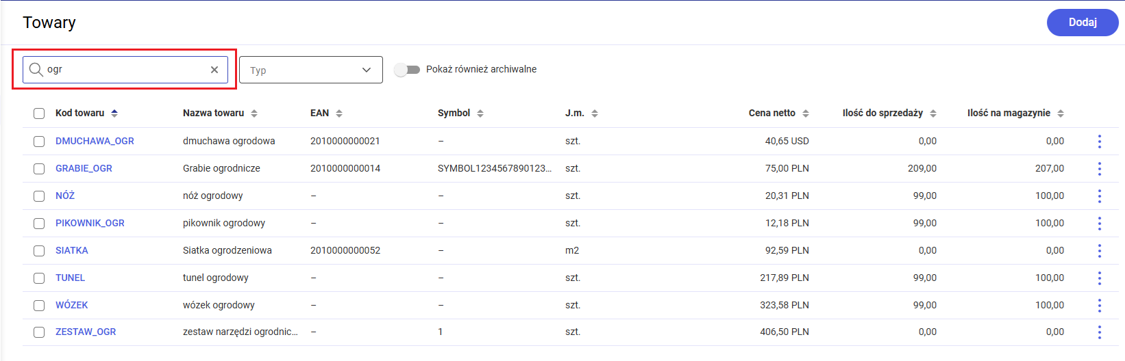 Wyszukiwarka na liście towarów