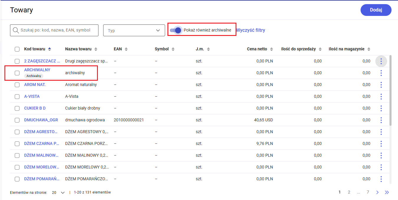 Wyświetlanie archiwalnych towarów