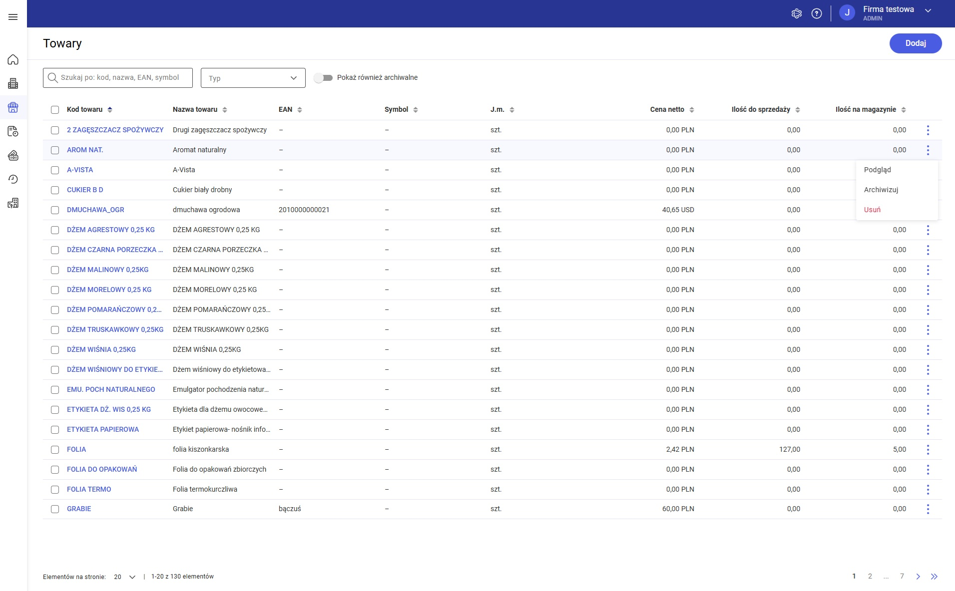 Operacje na liście towarów