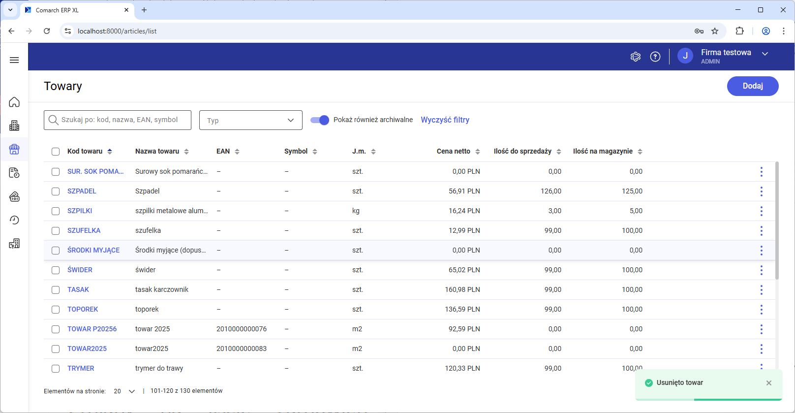 Udana próba usunięcia towaru