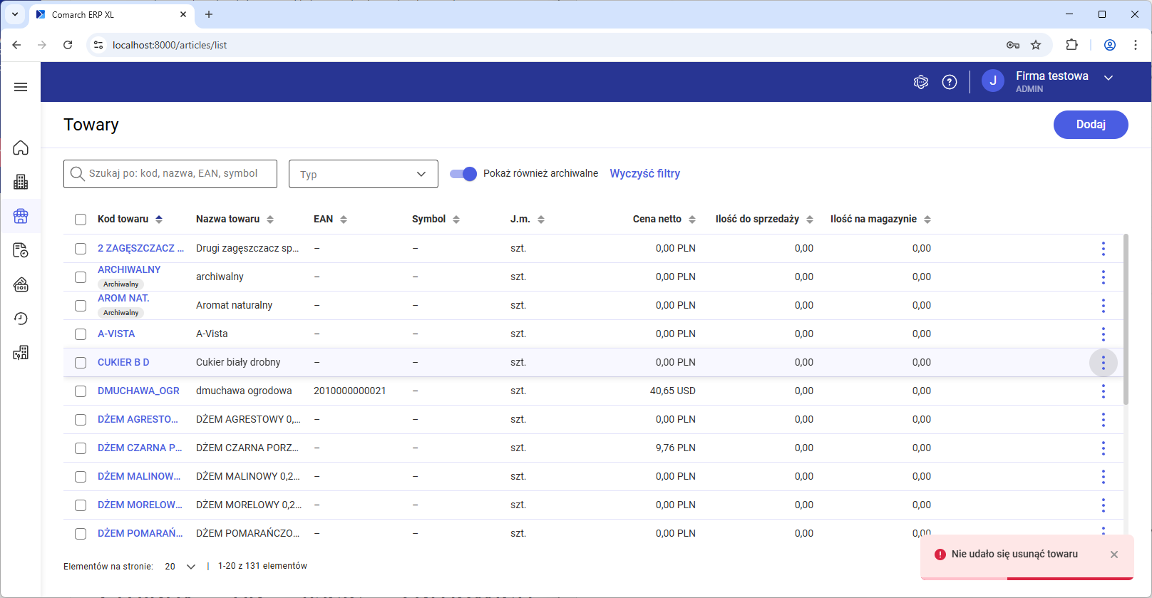 Nieudana próba usunięcia towaru