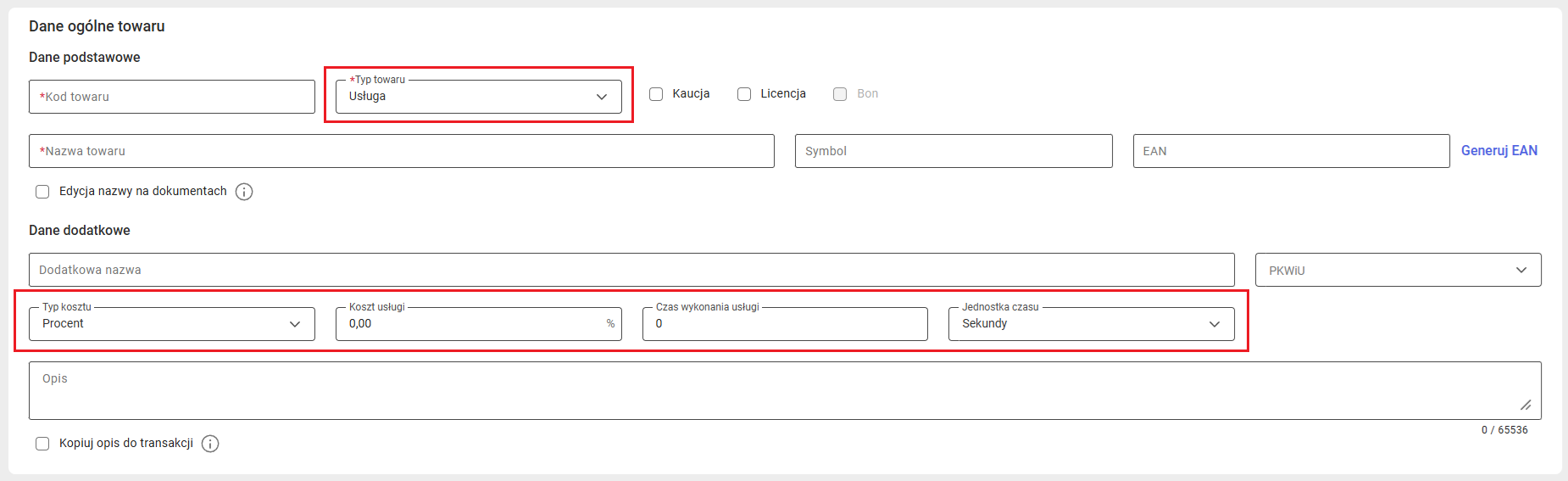 Parametryzowanie towaru o typie Usługa