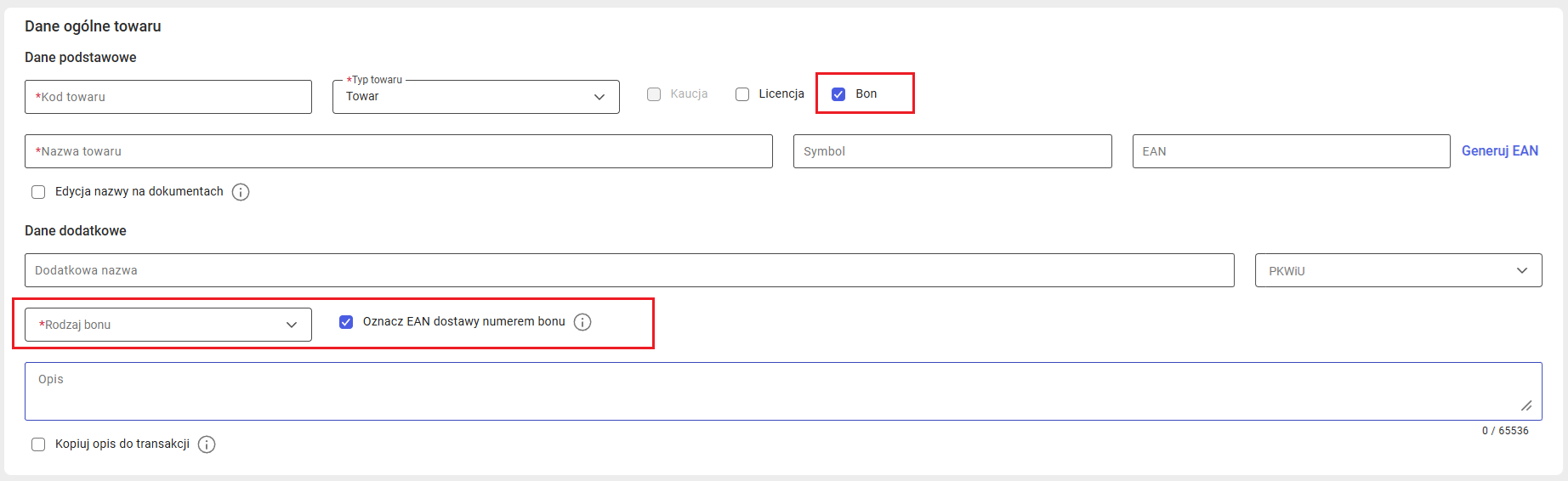 Parametry dotyczące bonu