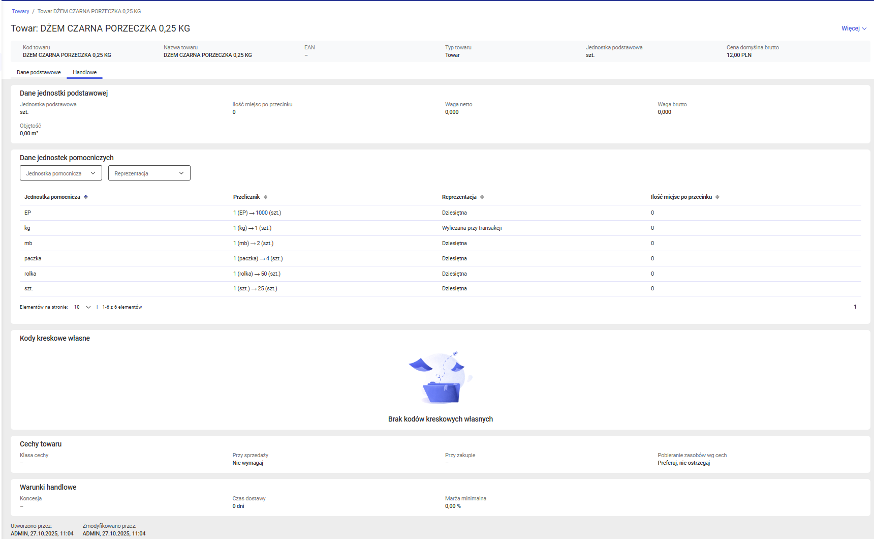 Podgląd towaru – dane handlowe