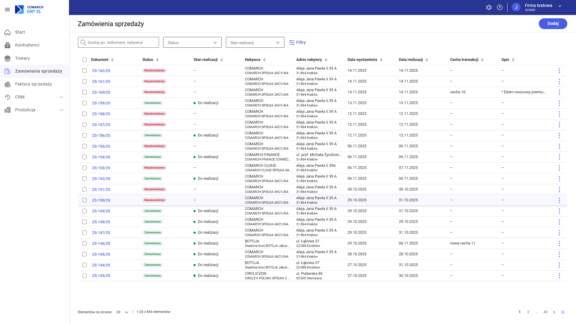 Lista zamówień sprzedaży