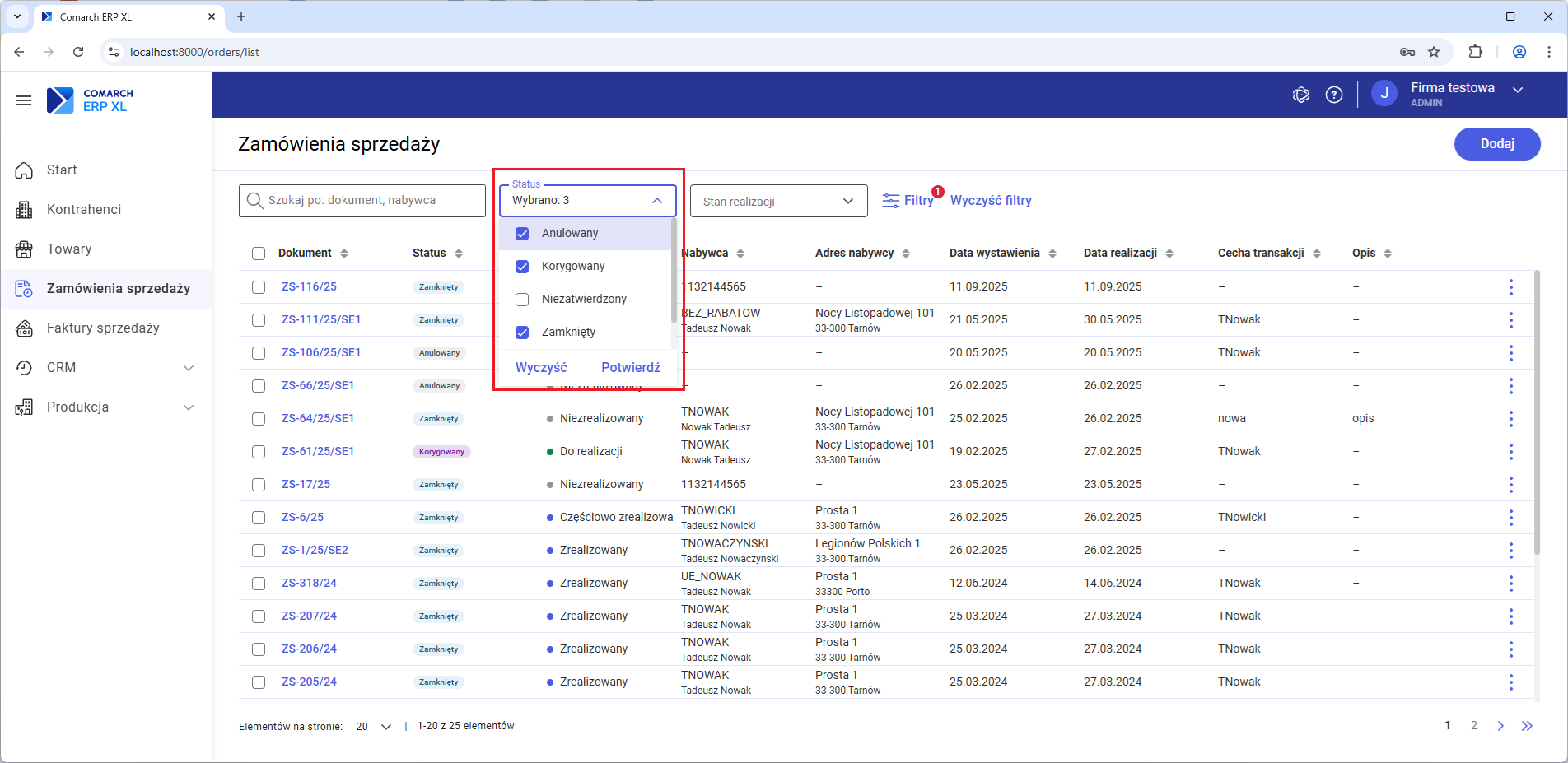 Filtr Status na liście zamówień