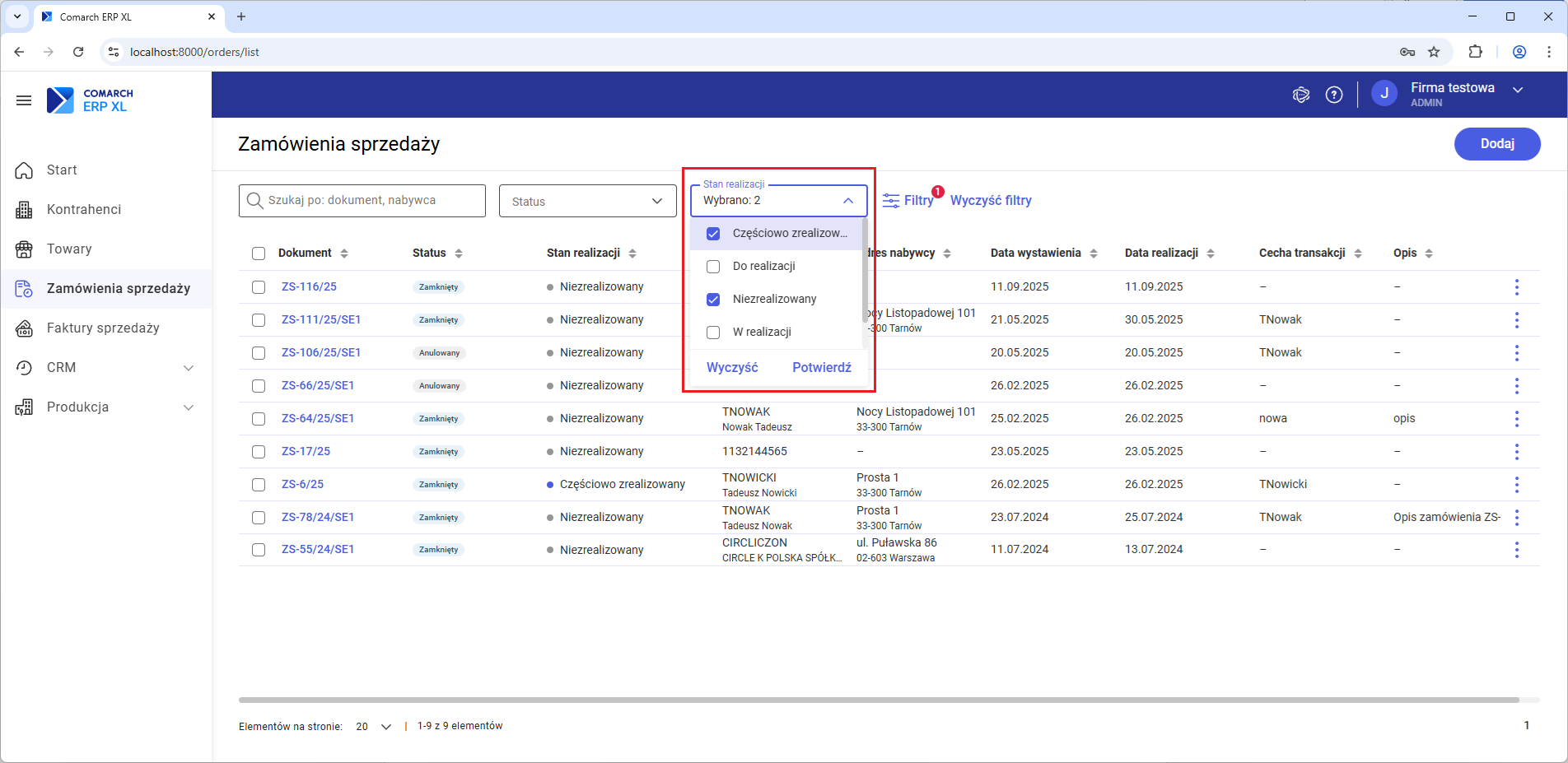Filtr Stan realizacji na liście zamówień