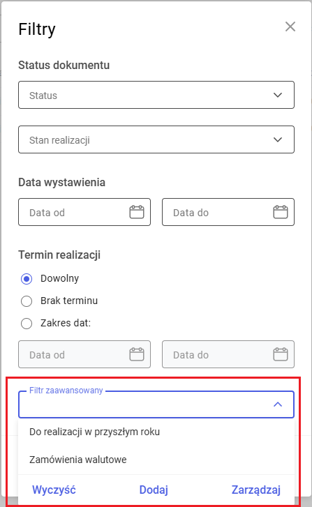Obsługa filtrów zaawansowanych w panelu filtrów.