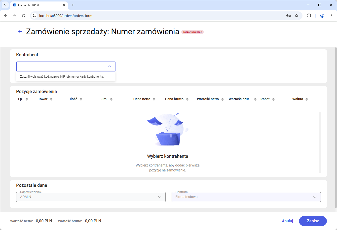 Formularz nowo dodawanego zamówienia sprzedaży