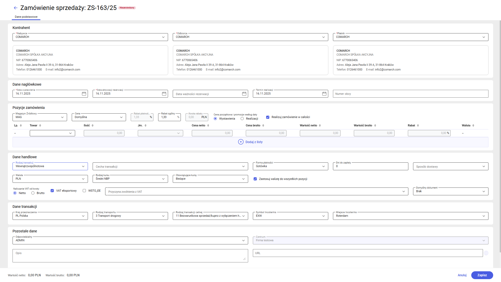 Formularz zamówienia po dodaniu kontrahenta