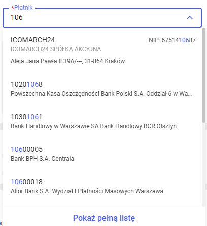 Wybór płatnika z listy wartości w kontrolce