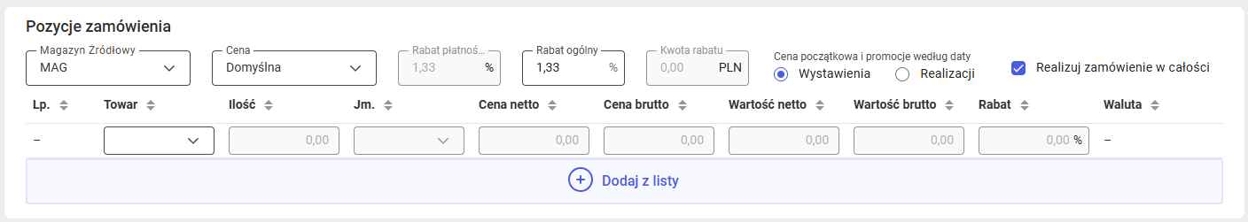 Sekcja Pozycje zamówienia po wybraniu kontrahenta