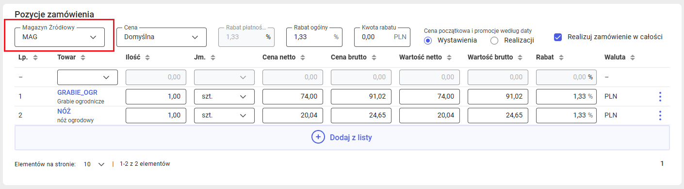 Magazyn źródłowy dla pozycji zamówienia