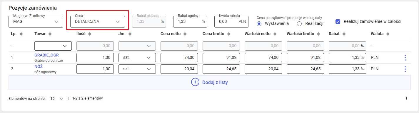 Typ ceny zastosowany na zamówieniu