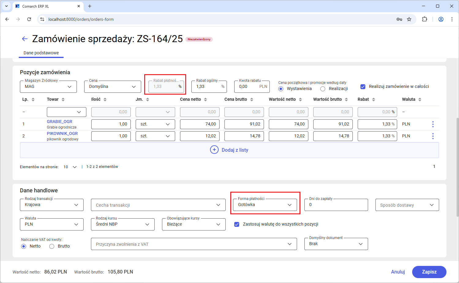 Rabat płatności wynikający z ustawienia dla formy Gotówka