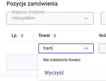 Brak na liście towaru o wprowadzonej wartości