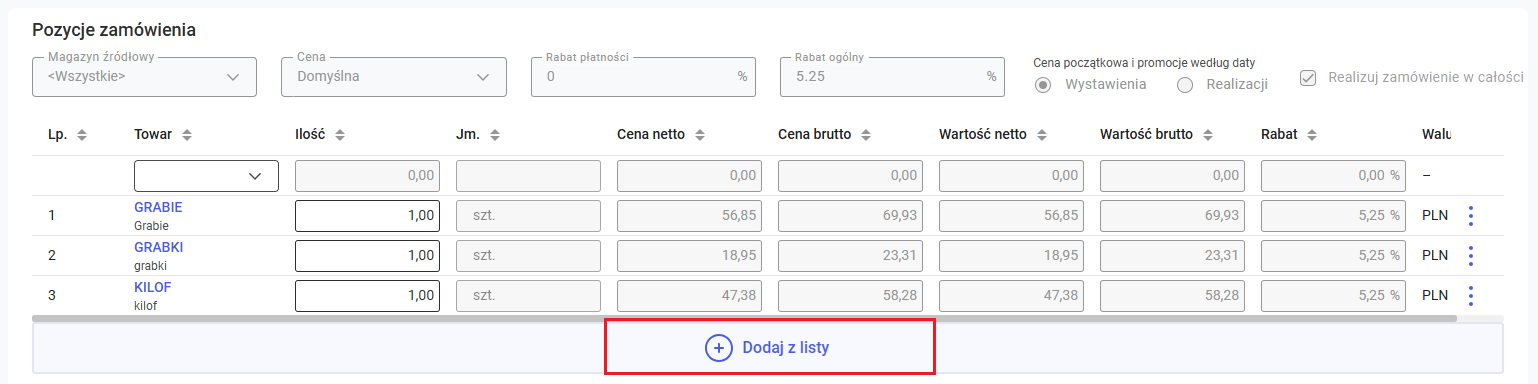 Przycisk Dodaj z listy pod listą pozycji zamówienia