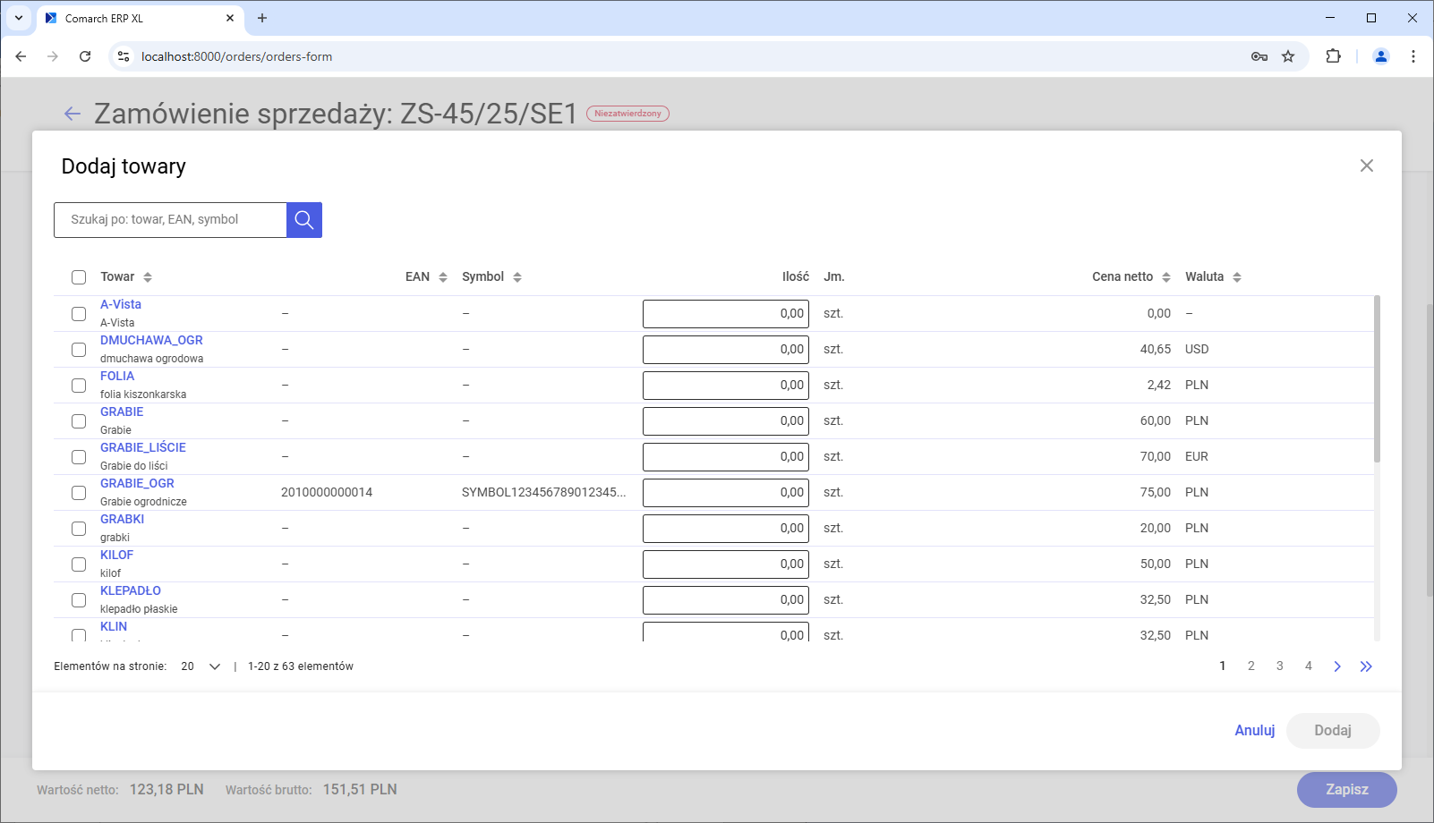 Układ uproszczonej listy towarów