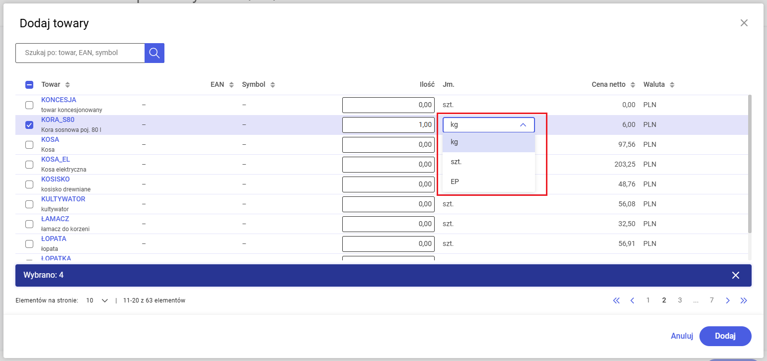 Wybór jednostki towaru