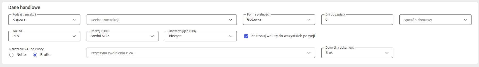 Sekcja Dane handlowe dla transakcji krajowych i waluty systemowej na formularzu zamówienia