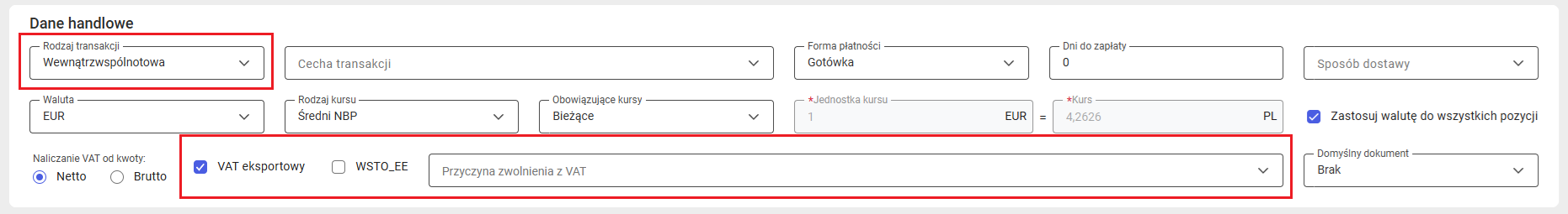 Pola związane z transakcjami zagranicznymi