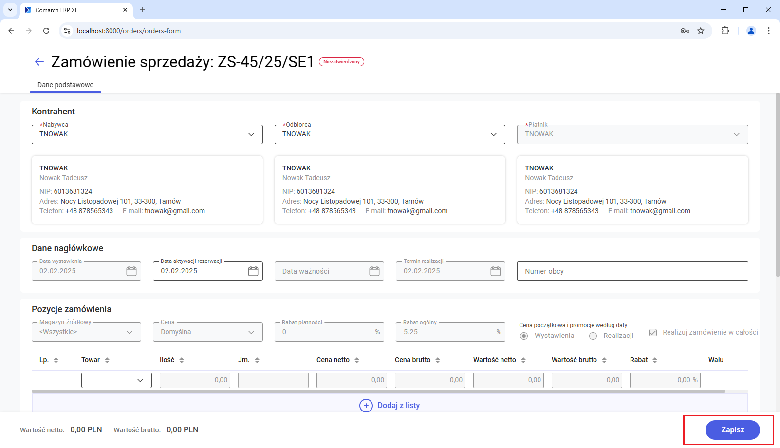 Przycisk Zapisz w stopce dokumentu