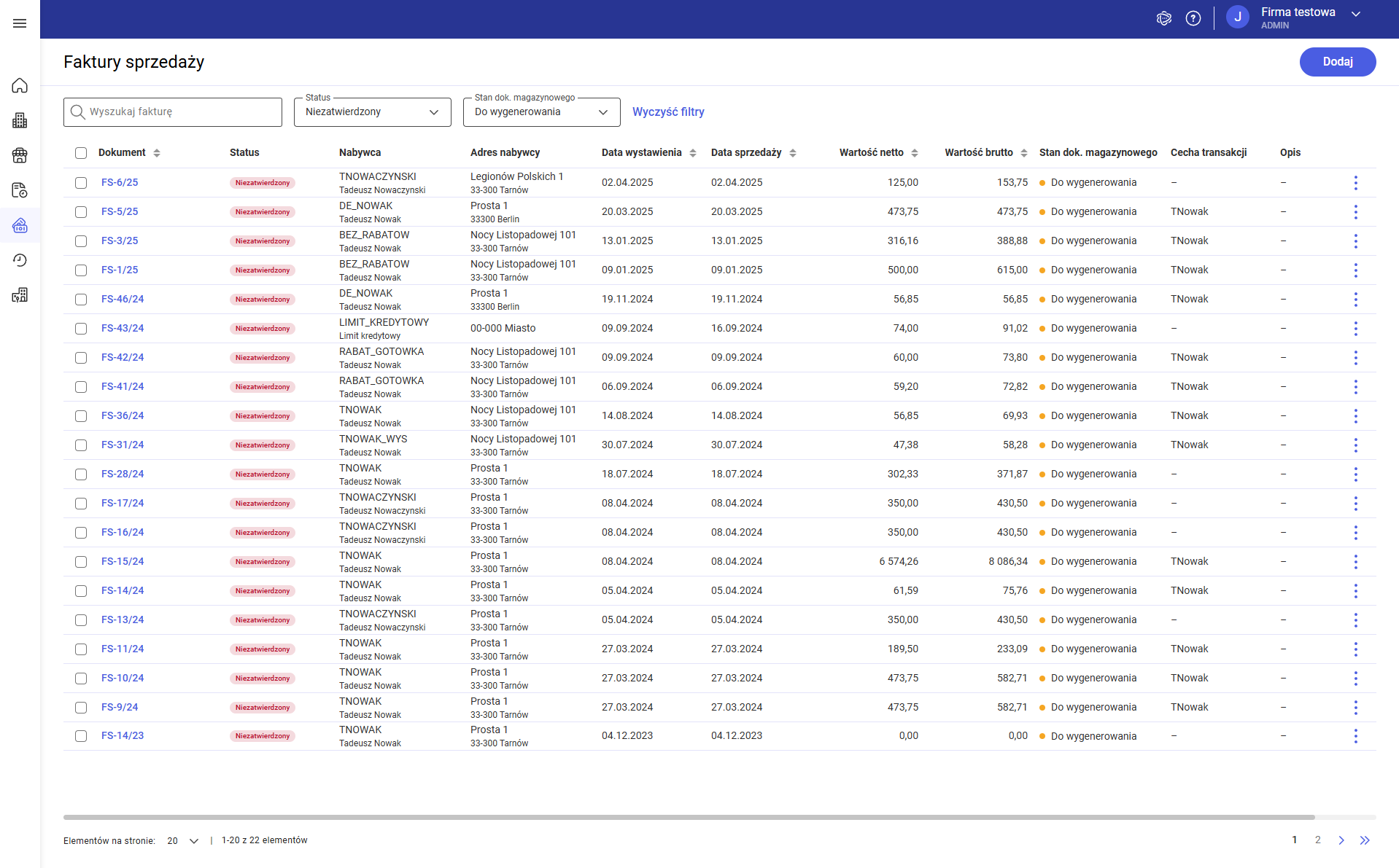 Lista faktur sprzedaży
