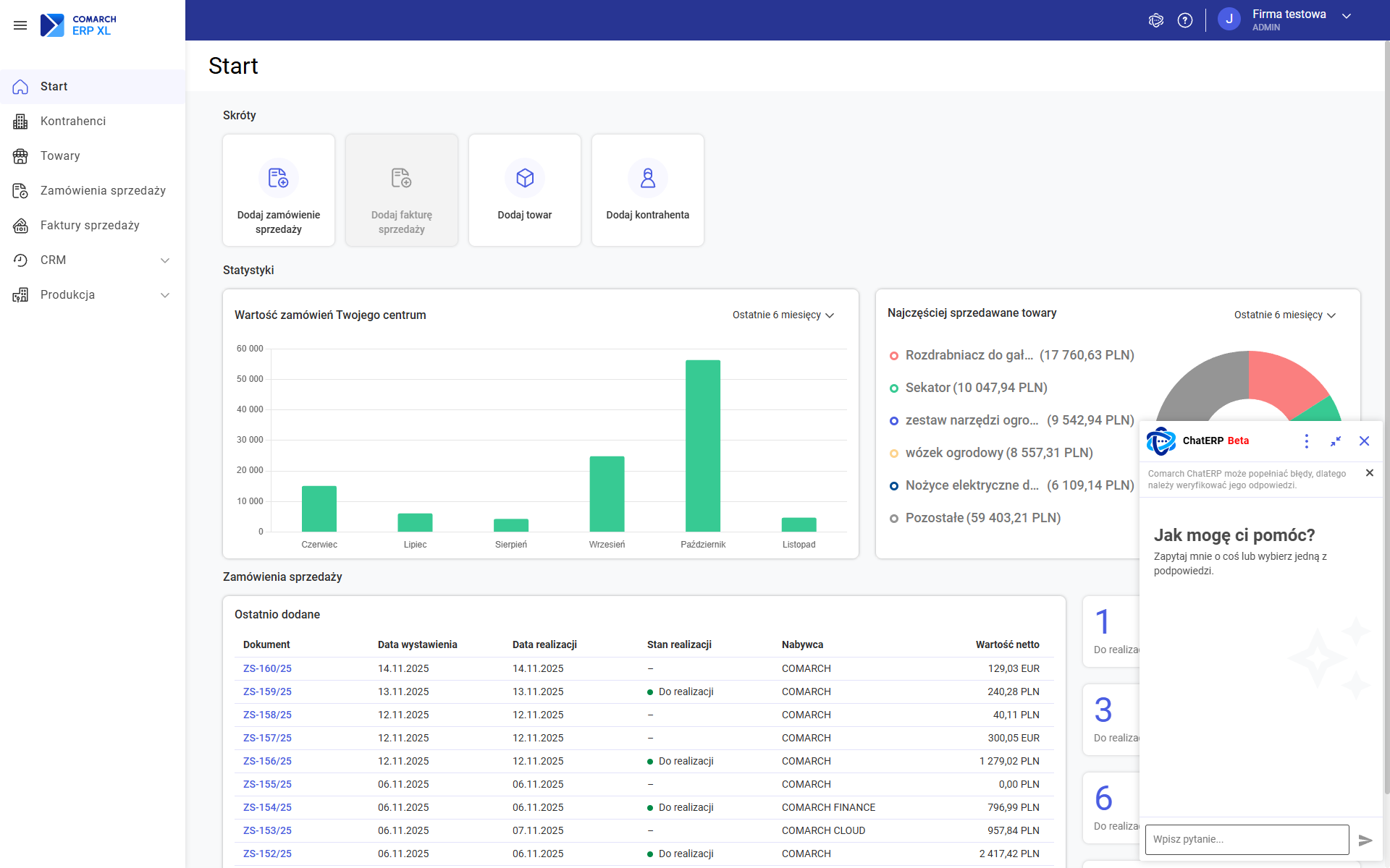 Okno do komunikacji z Comarch Chat ERP