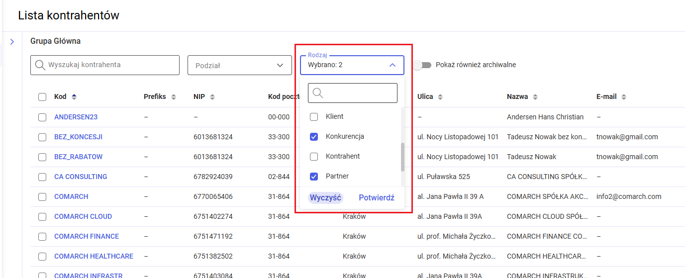 Filtrowanie listy kontrahentów wg rodzaju kontrahenta