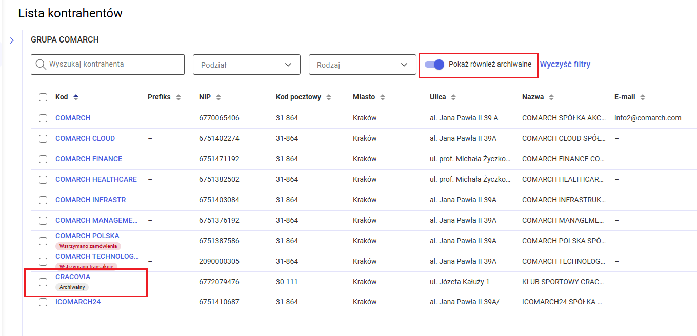Wyświetlanie archiwalnych kontrahentów