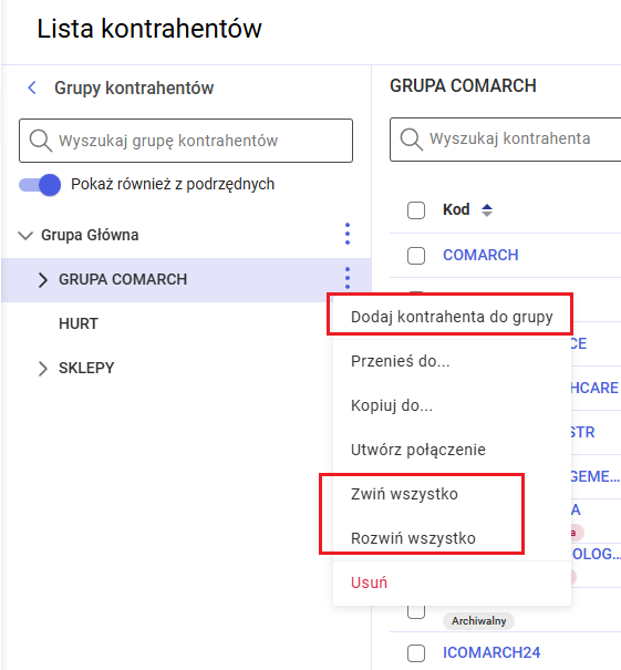 Aktywne operacje w menu kontekstowym grupy kontrahenta