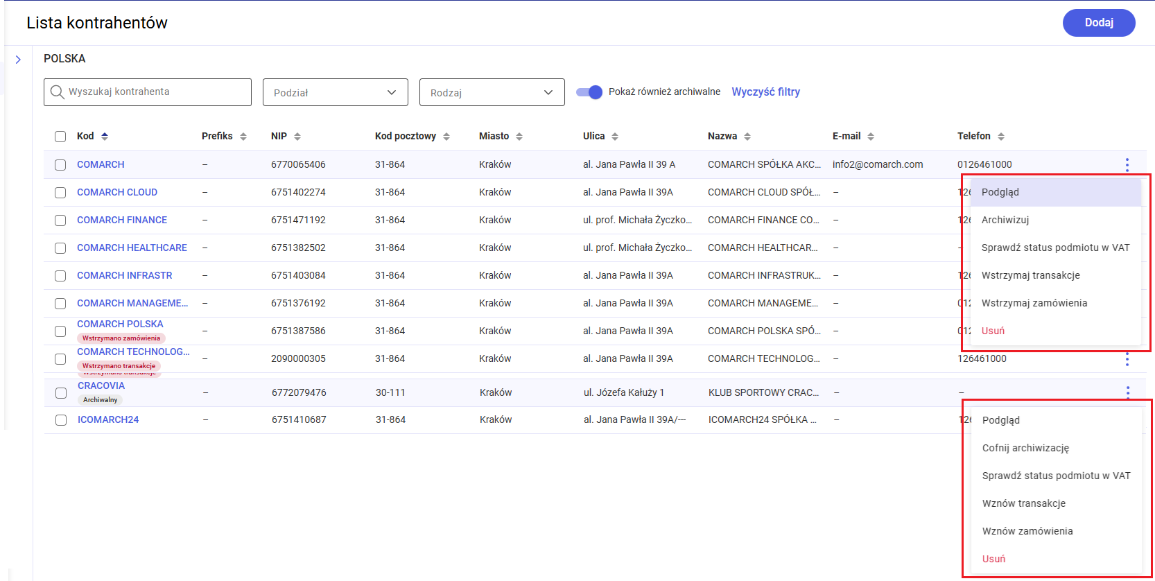 Operacje dostępne w menu kontekstowym na liście kontrahentów