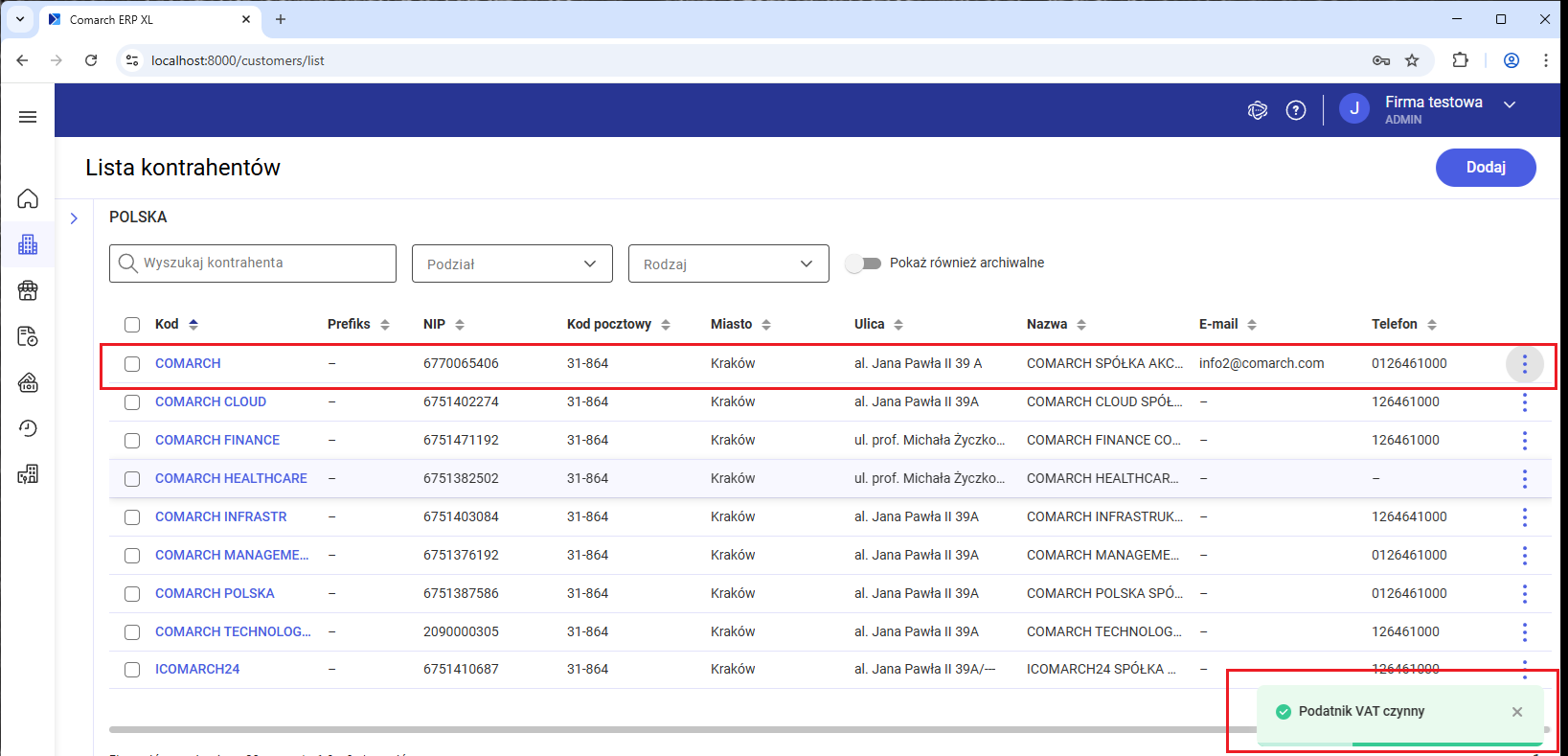 Kontrahent pozytywnie zweryfikowany w VAT