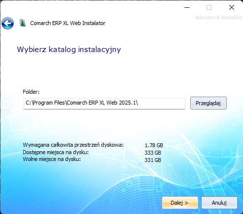 Comarch ERP XL Web Instalator - wybór katalogu instalacyjnego