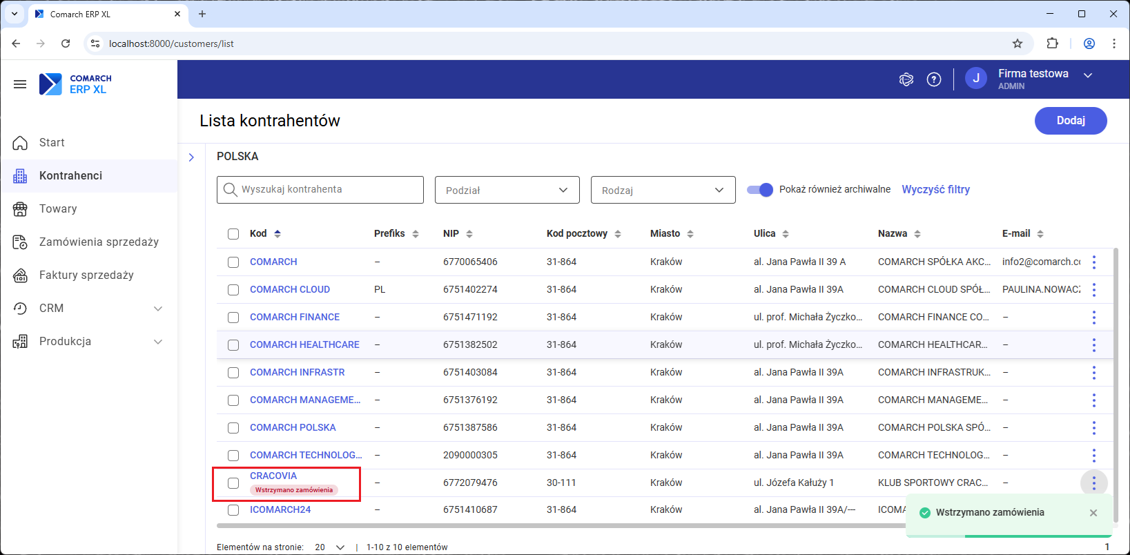 Oznaczenie kontrahenta, z którym wstrzymano zamówienia