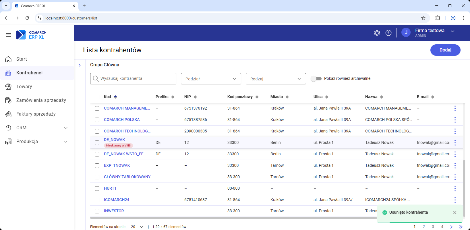 Udana próba usunięcia kontrahenta