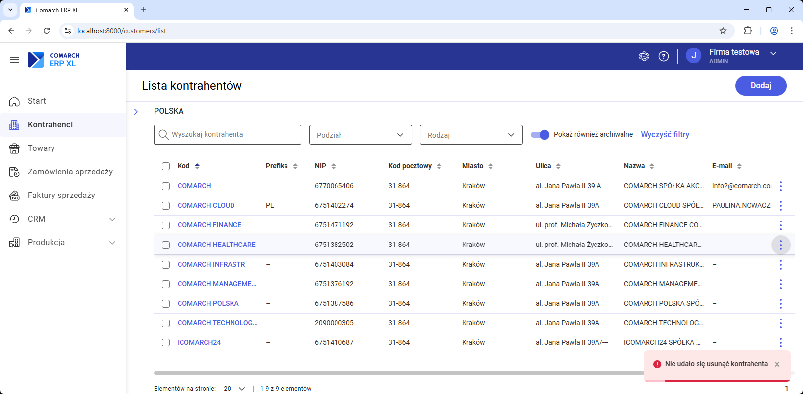 Nieudana próba usunięcia kontrahenta