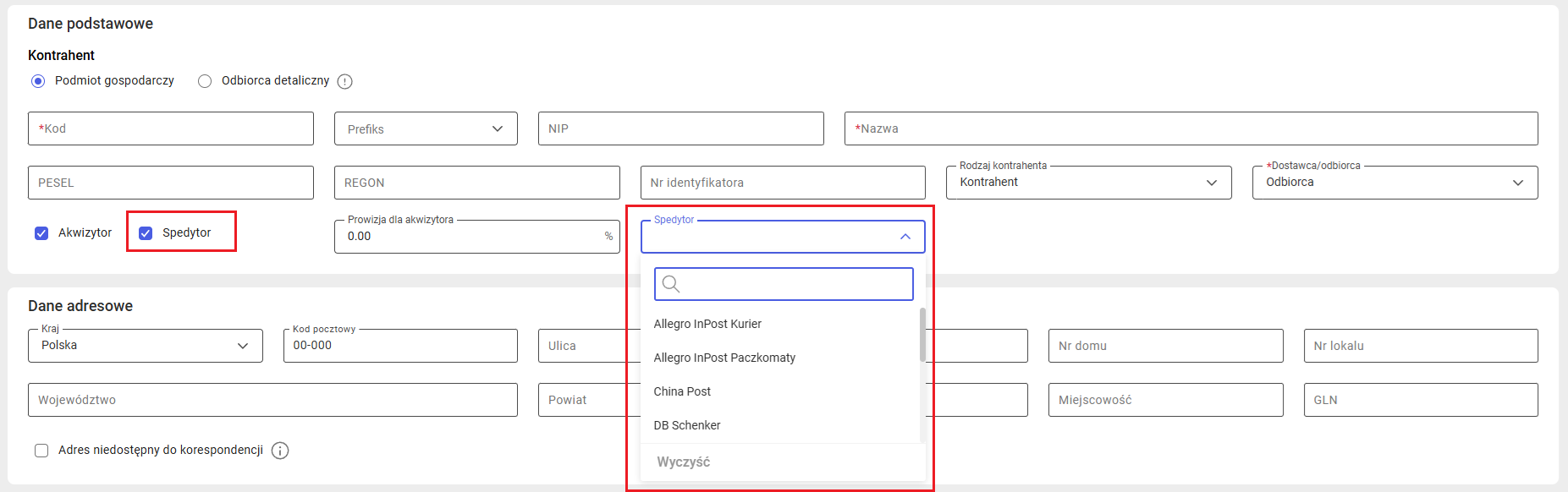 Wyświetlenie pola z wyborem spedytora