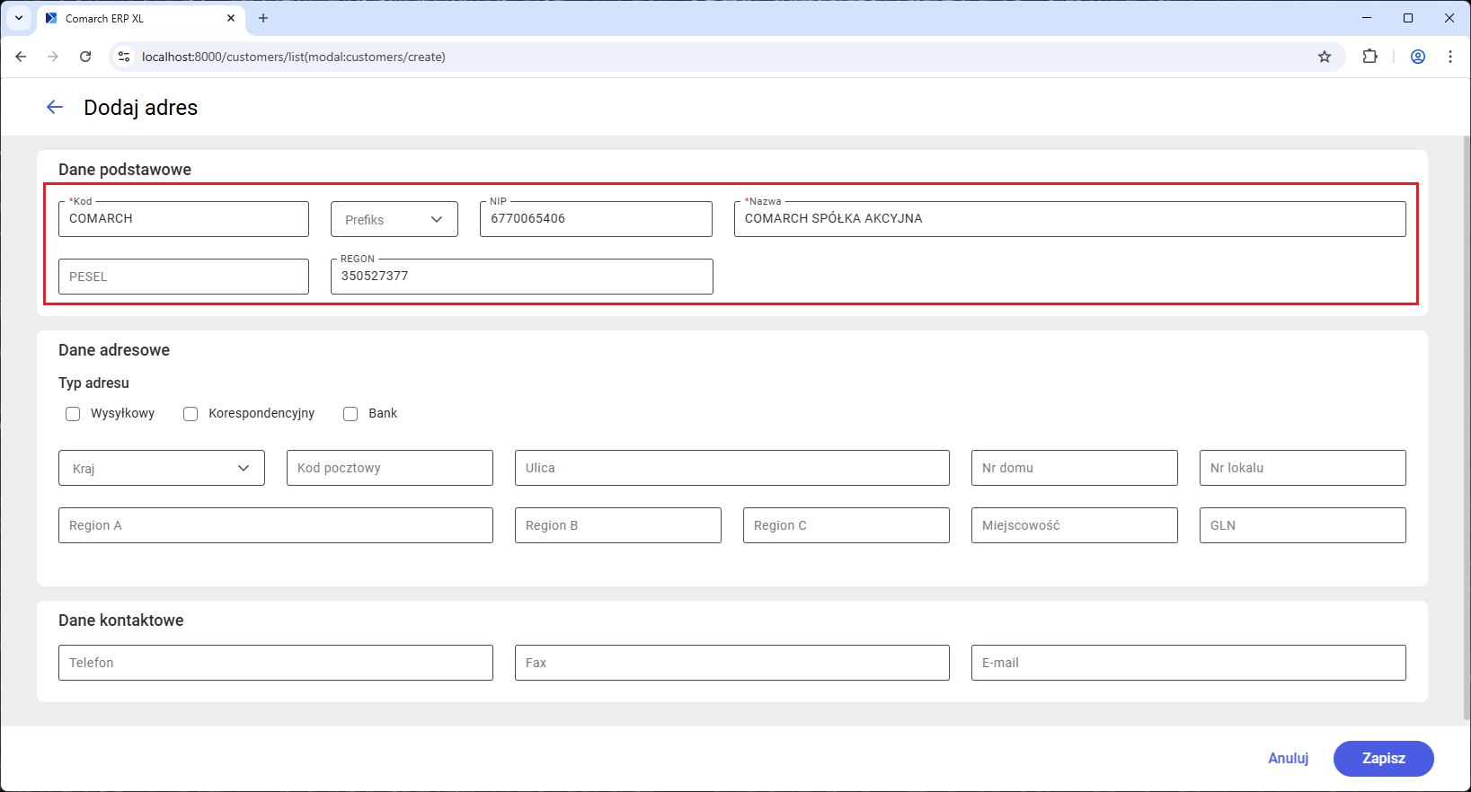 Dodawanie adresu na karcie kontrahenta