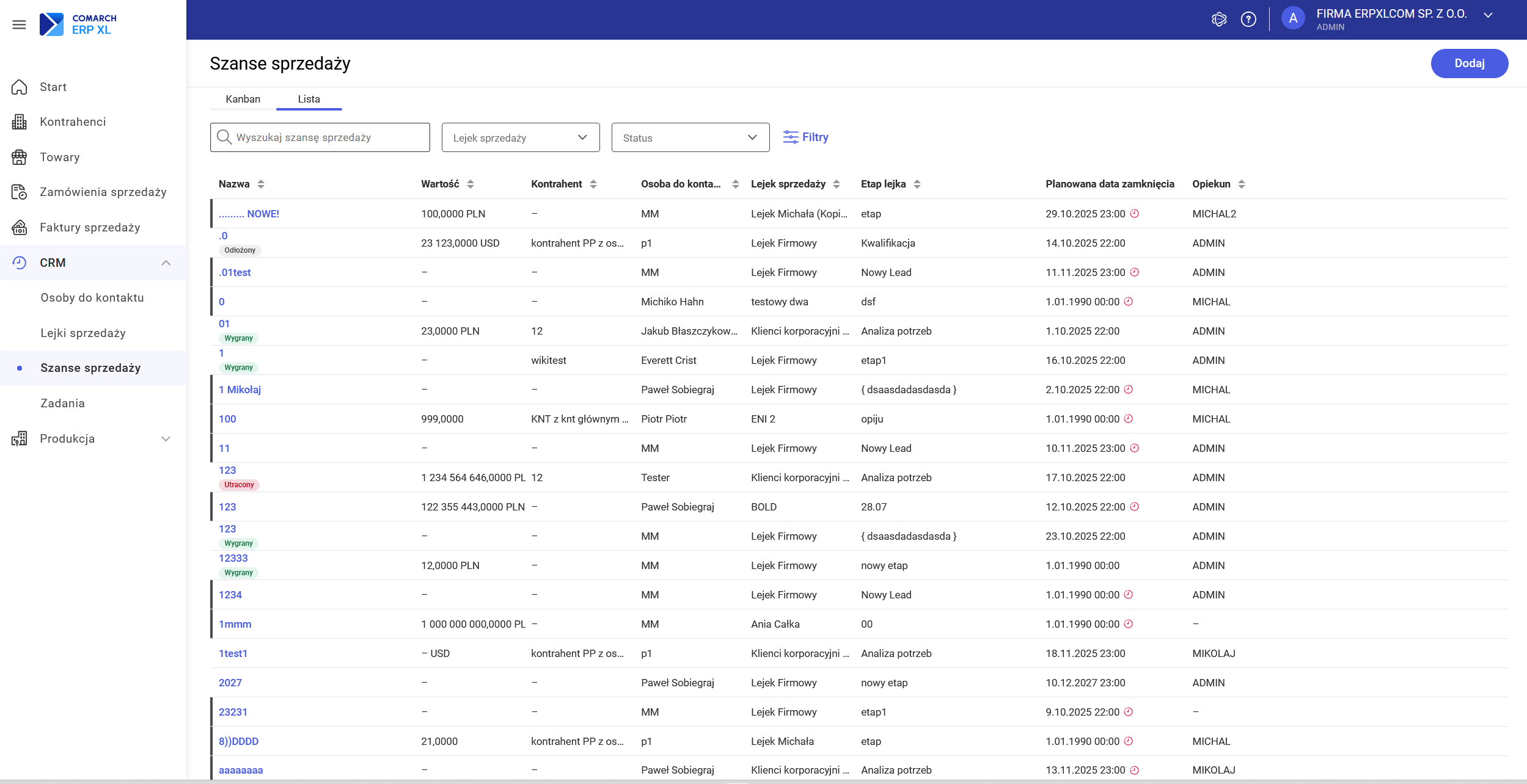 Lista szans sprzedaży