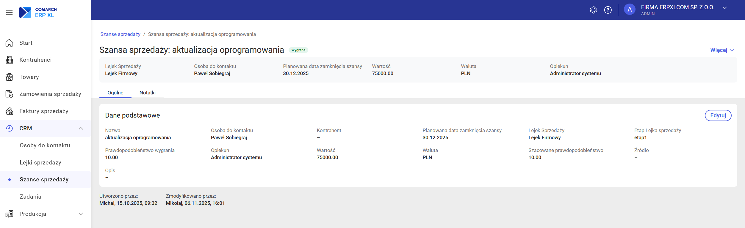 Szczegóły szansy sprzedaży