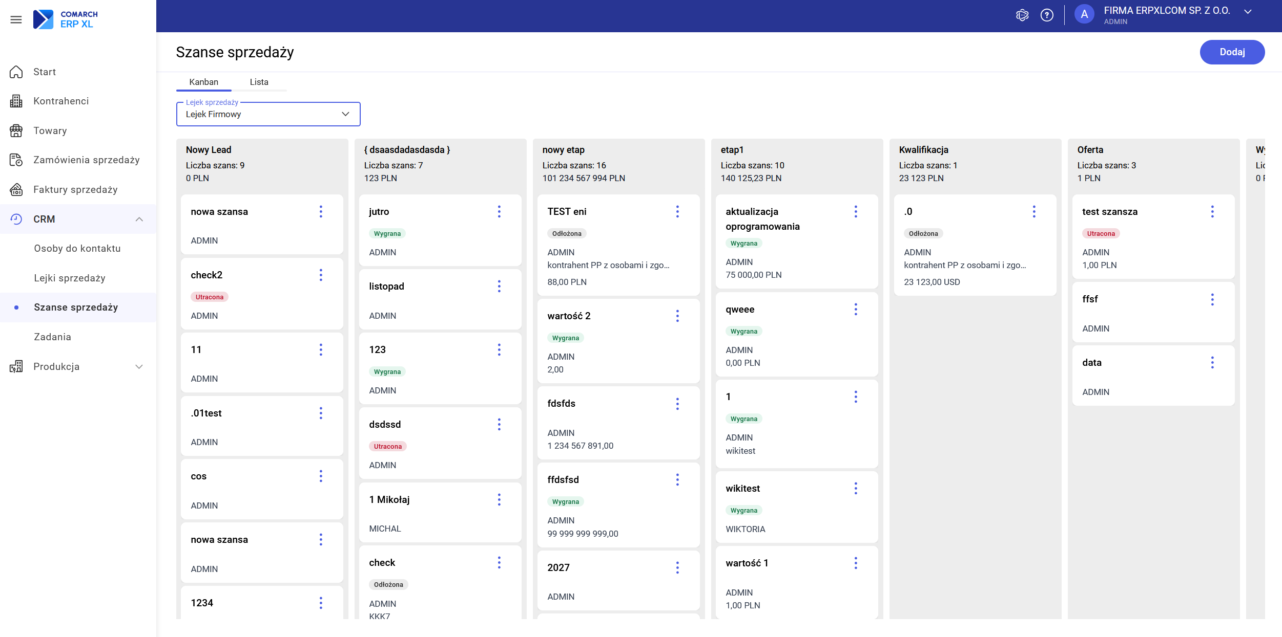 Szanse sprzedaży w widoku kanban