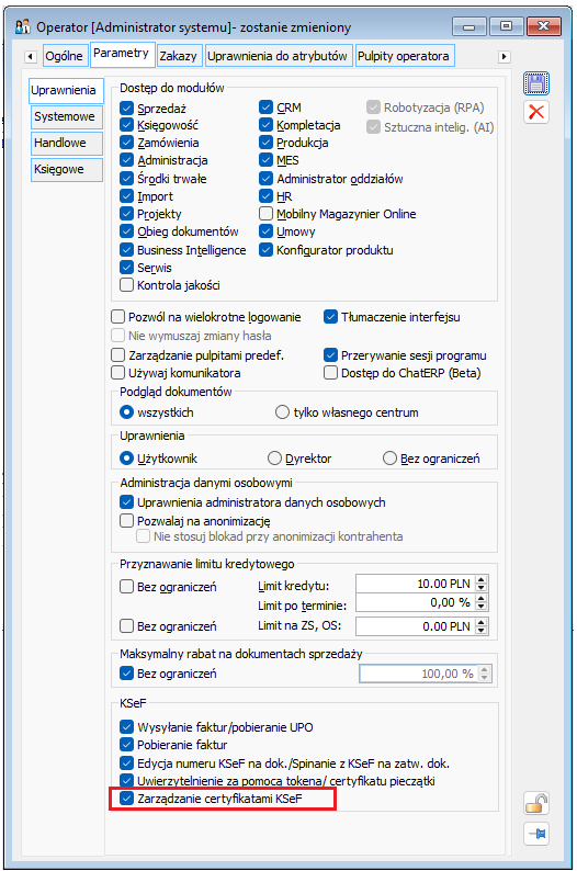 Prawo Operatora do zarządzania certyfikatami KSeF w Systemie