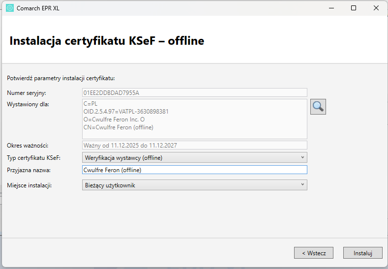 Podsumowanie parametrów instalacji certyfikatu KSeF