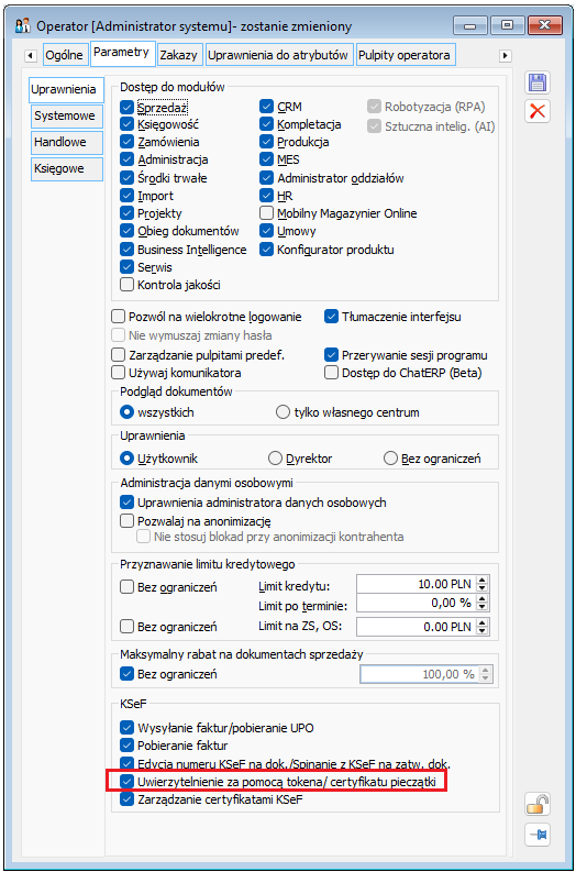 Prawo Operatora do uwierzytelniania w KSeF za pomocą narzędzi przypisanych do pieczątki firmy