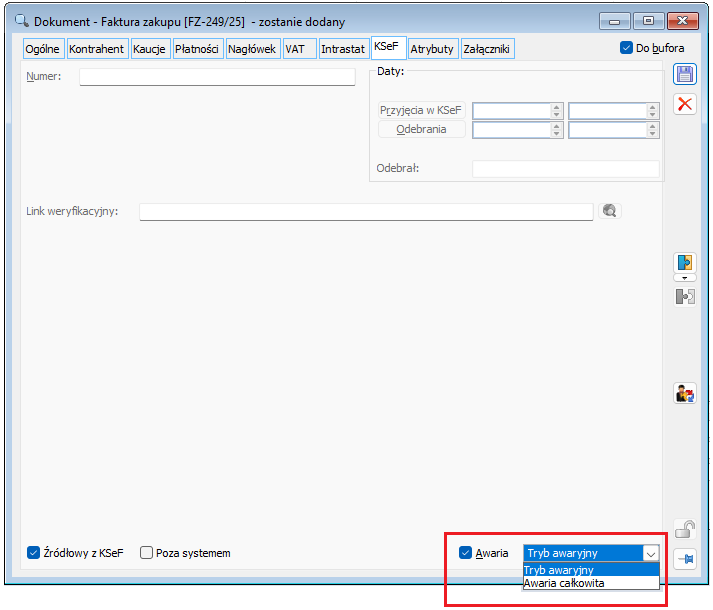  Tryb awarii na formatce faktury zakupu