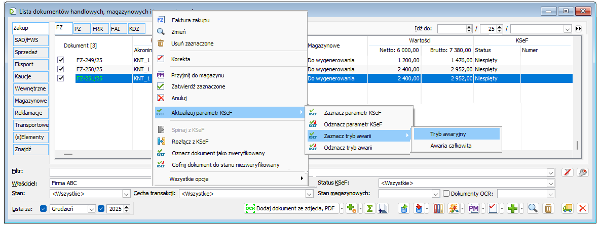 Seryjne oznaczanie faktur zakupu jako zarejestrowanych przez Dostawcę w trybie awarii KSeF