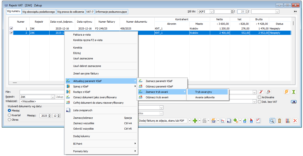 Seryjne oznaczanie faktur w Rejestrze VAT zakupu jako zarejestrowanych przez Dostawcę w trybie awarii